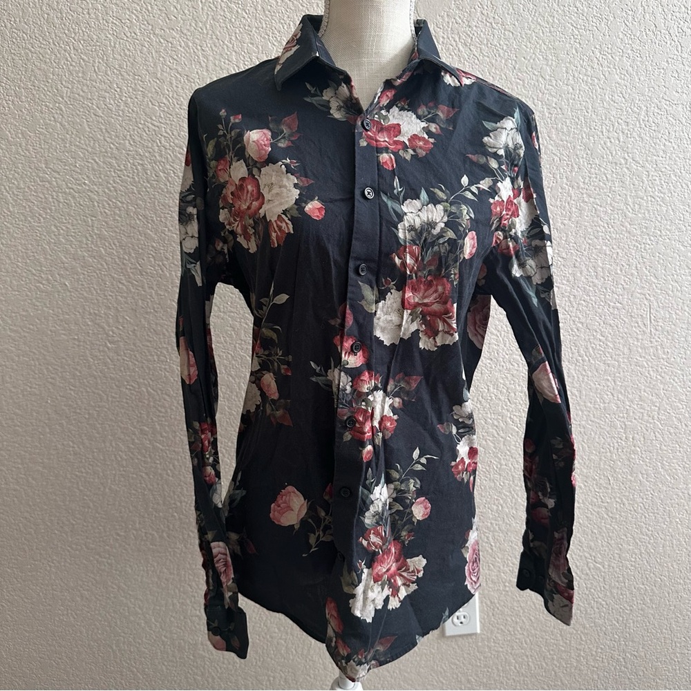 EXPRESS Extra Slim Top Black Floral Print Button Up Shirt Women's Size Medium
